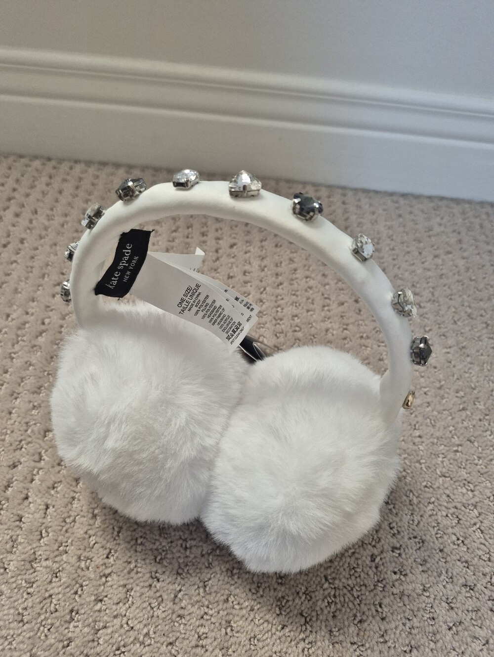 Kate Spade White Faux Fur Rhinestone Ear Muffs NWT